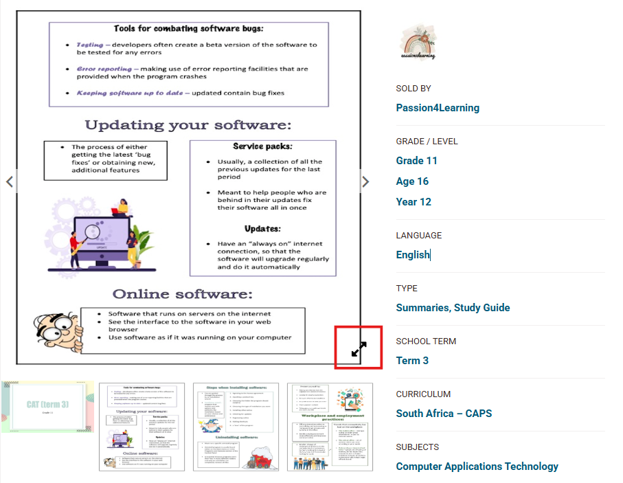 Screenshot of a Teacha! resource preview page showing a Grade 11 study guide. The image highlights the full-screen icon in the bottom-right corner, which can be clicked to expand the preview for easier viewing. Once expanded, arrows allow you to scroll through multiple preview pages if available.