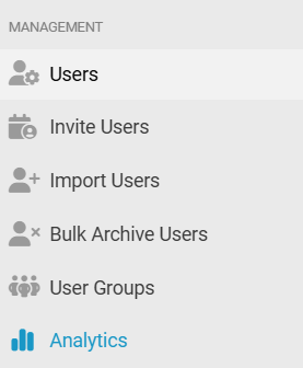 Screenshot of a management menu with the following options: Users, Invite Users, Import Users, Bulk Archive Users, User Groups, and Analytics.