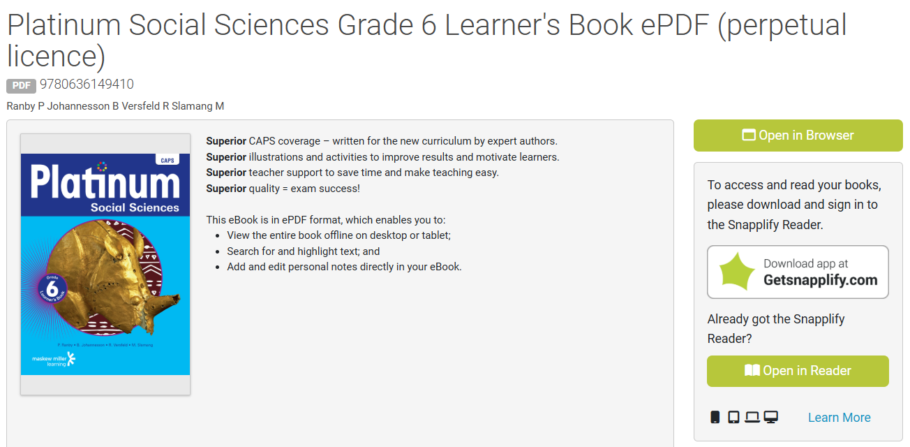 Book detail page for 'Platinum Social Sciences Grade 6 Learner's Book' showing PDF format, book cover, description, and options to open the book in browser or Snapplify Reader app.