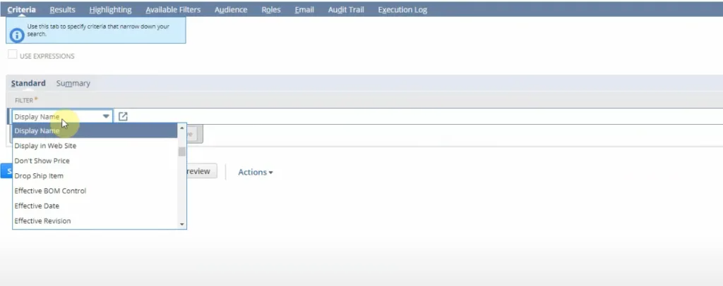 display netsuite saved search criteria