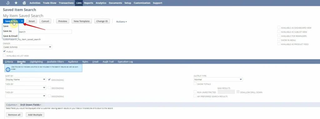 Save and run netsuite saved search result