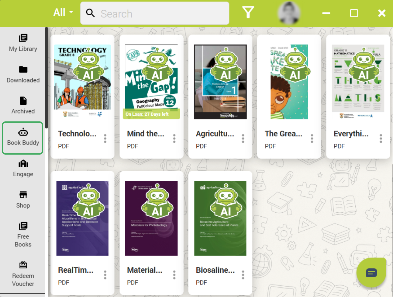 Various Titles in the Reader with the book buddy icon highlighted on the left navigation panel. 