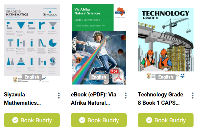 Three books next to each other showing the Book Buddy button under each title. 