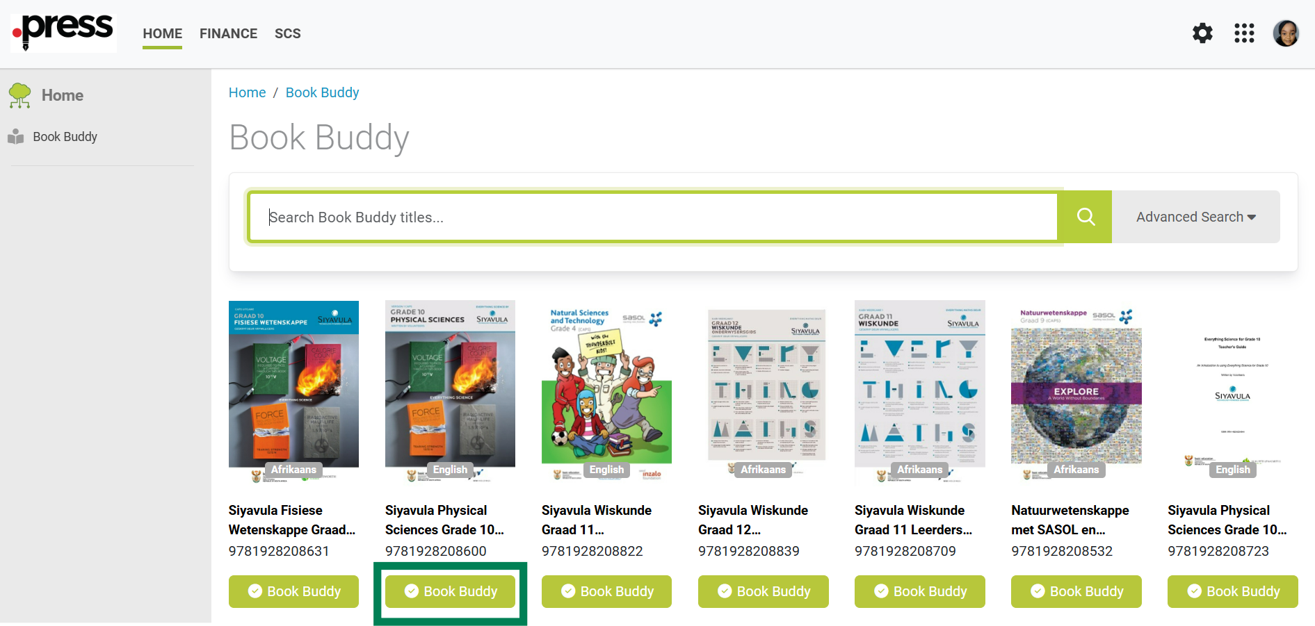 Book Buddy interface in Origin, showing search results for books. Each book cover has a green "Book Buddy" button beneath it. One of the buttons is highlighted with a square to indicate where the user should click to open Book Buddy for that specific title and begin using prompts.