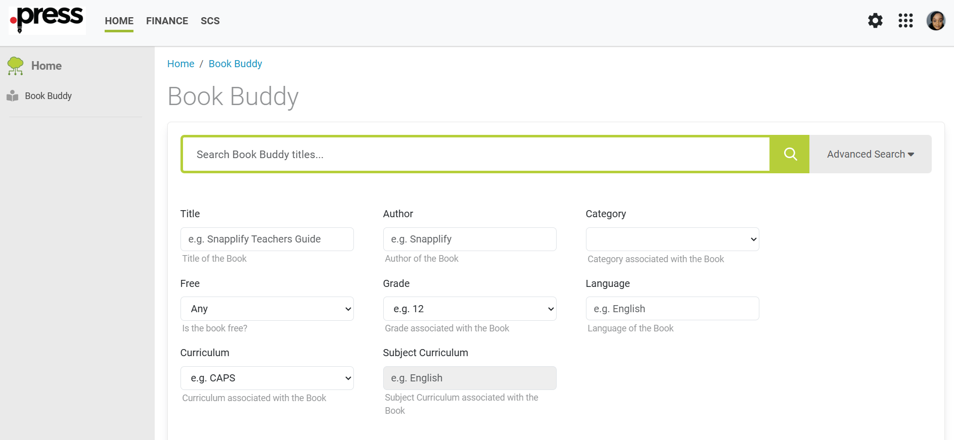 Advanced search view of the Book Buddy page in Origin, showing search filters for title, author, category, grade, language, curriculum, and subject curriculum, with a green 'Search' button at the bottom.