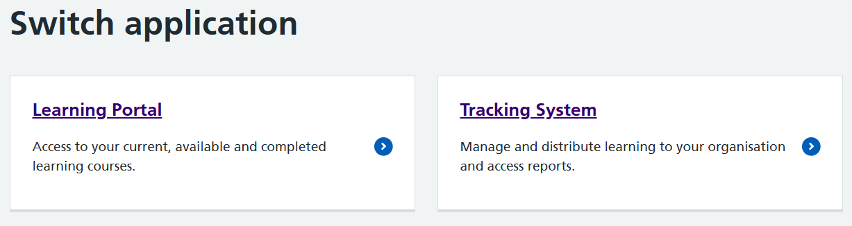 Image showing the switch application screen, two tiles are displayed for the learning portal and tracking system.