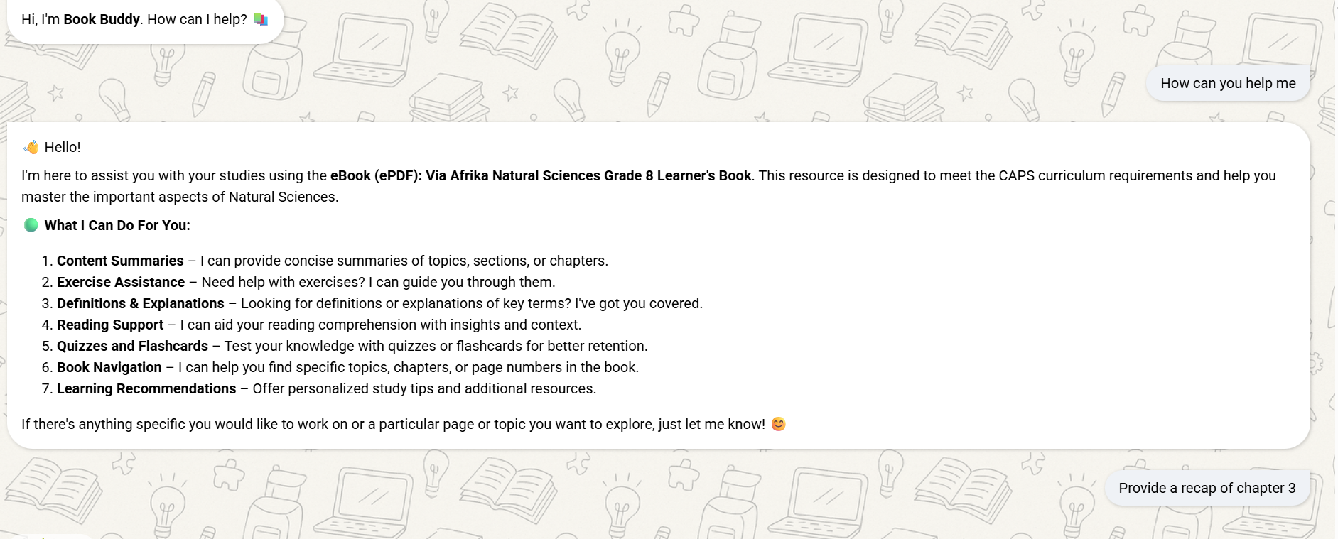 Startinga  chat with Book buddy by asking how it can help you