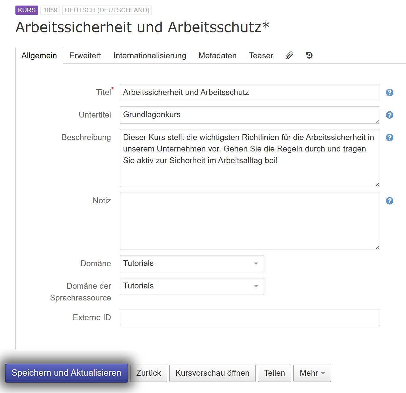 Screenshot der Kurseinstellungen mit Speichern und Aktualisieren-Option