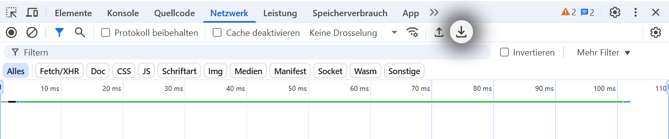 Screenshot Browserkonsole mit Netzwerk-Tab und Downloadsymbol