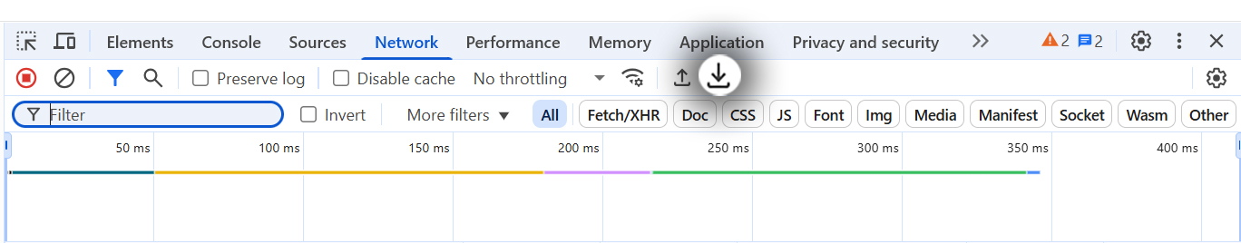 Screenshot of browser console with network tab and download icon