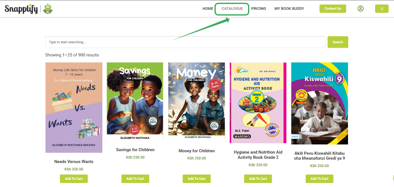 Catalogue view of Book Buddy AI-compatible books on Snapplify platform