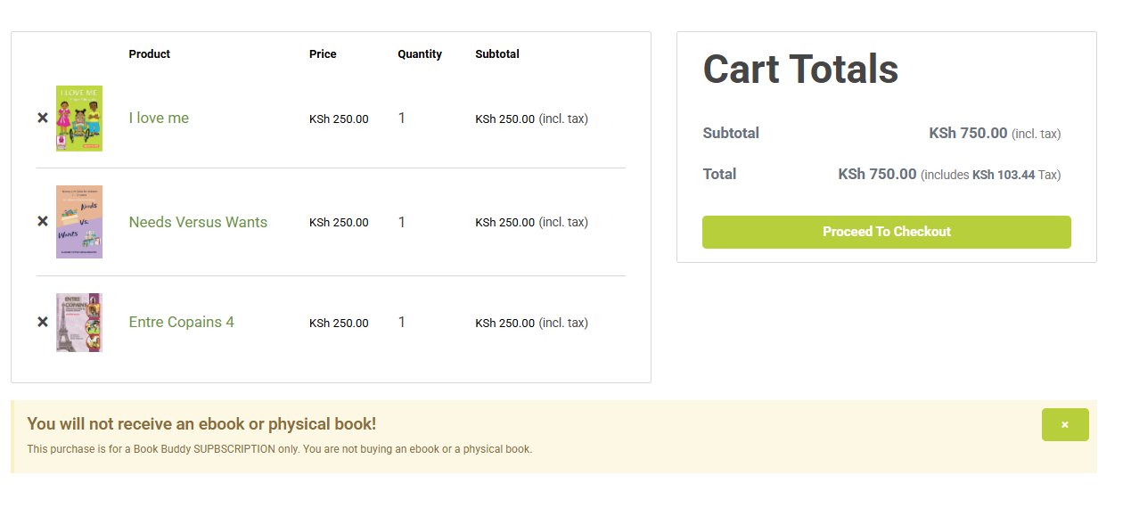 Cart Total screen with proceed to checkout selection box