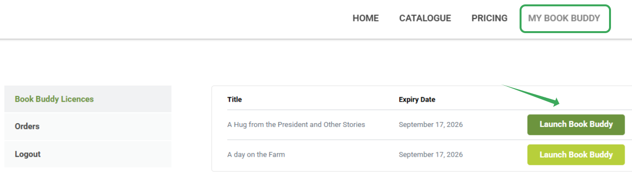 Book Buddy Licenses page with list of subscribed books and launch buttons