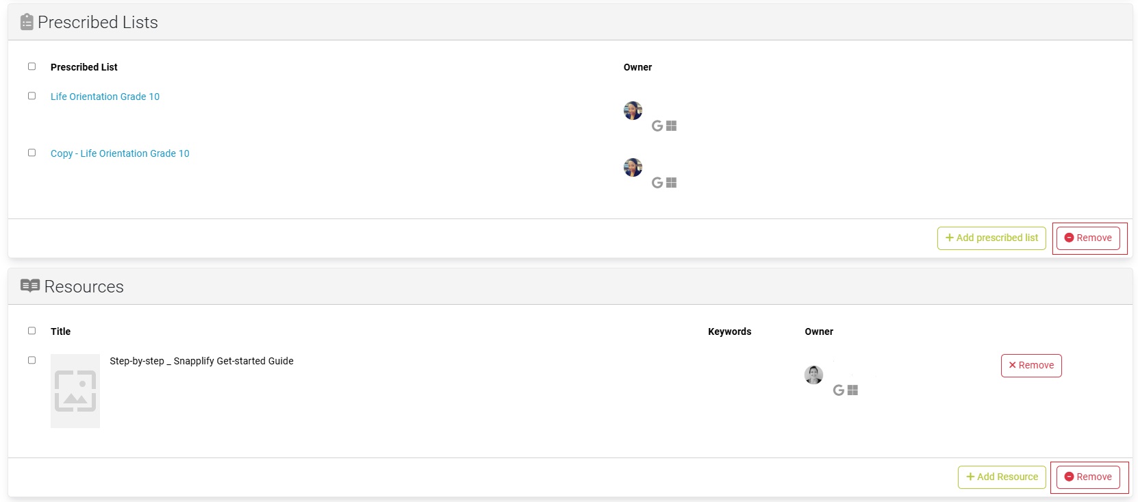 Screenshot showing 'Prescribed Lists' and 'Resources' sections in a content management interface, listing items with options to add or remove prescribed lists and resources.