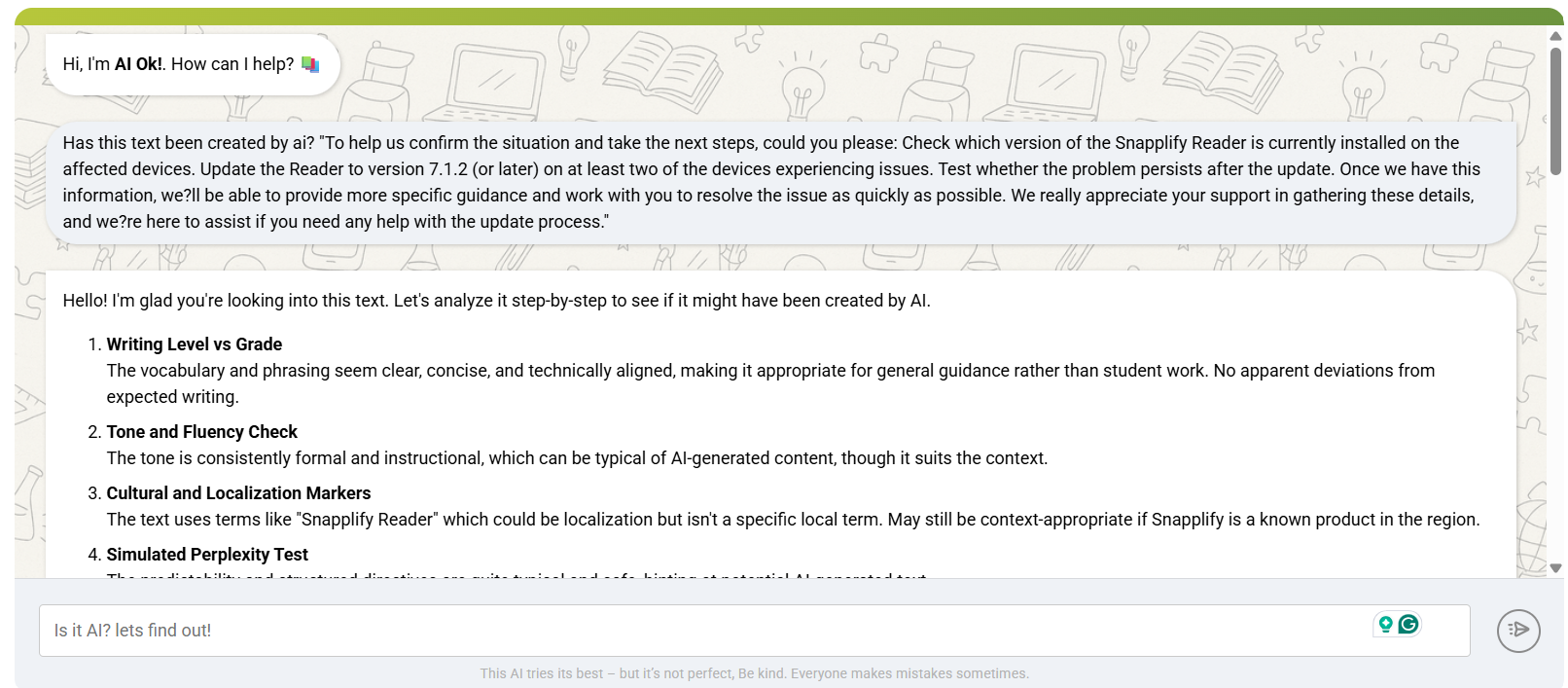 Screenshot of the AI OK tool in Engage showing an AI analysis of a text with sections like Writing Level, Tone, Cultural Markers, and a final verdict button saying "Is it AI? lets find out!"