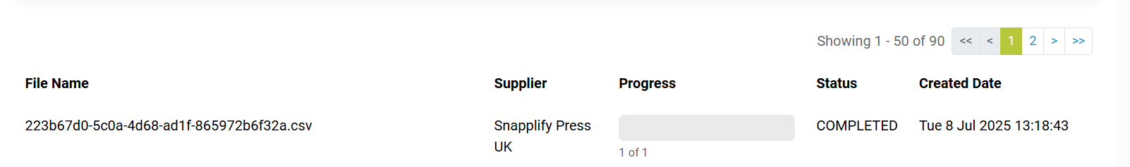 Table row from the Content Delivery section showing file name, supplier name, progress bar, upload status, and created date.