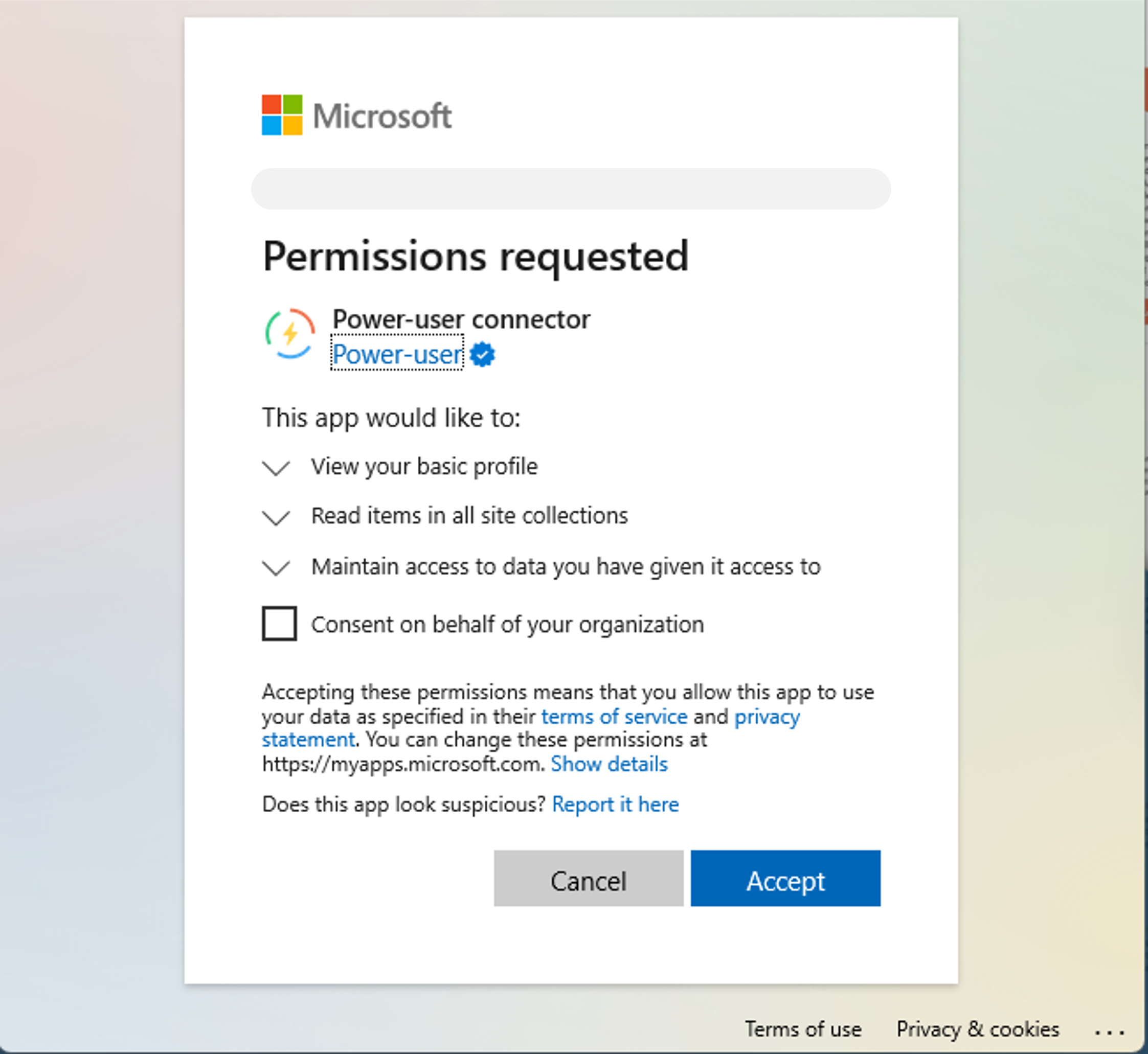 Power-user SharePoint Connector l Consent dialog box