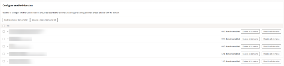 A screenshot showing the sites and domains where Session Replay can be turned on.