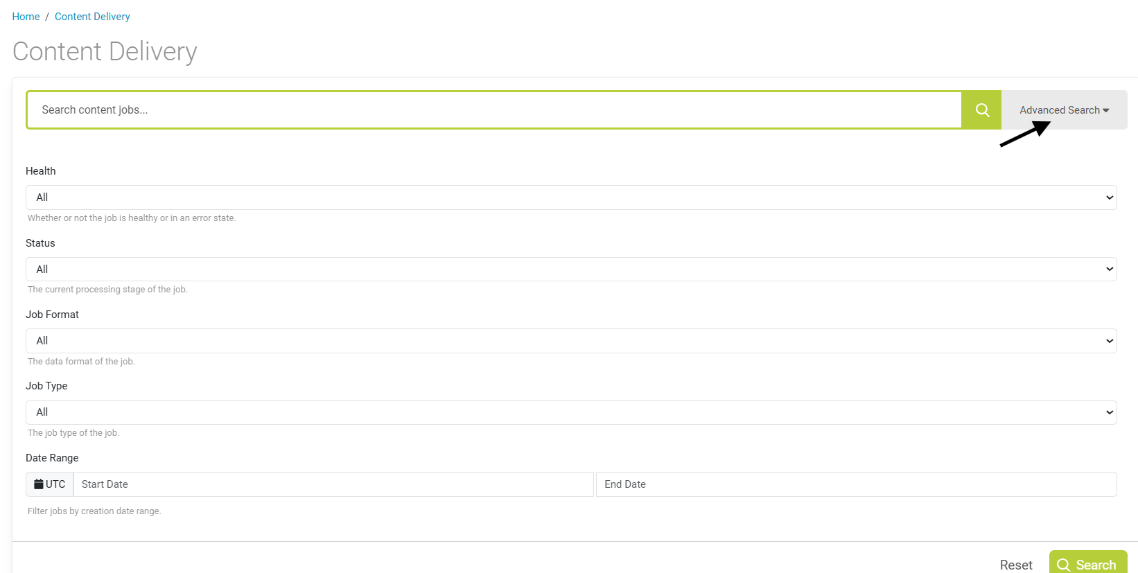 Content Delivery filter screen with search bar and dropdowns for health, status, job format, job type, and date range, plus search and reset buttons.