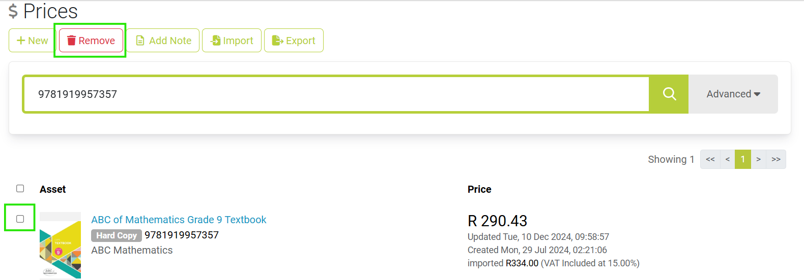 Screenshot showing checkboxes and “Remove” button