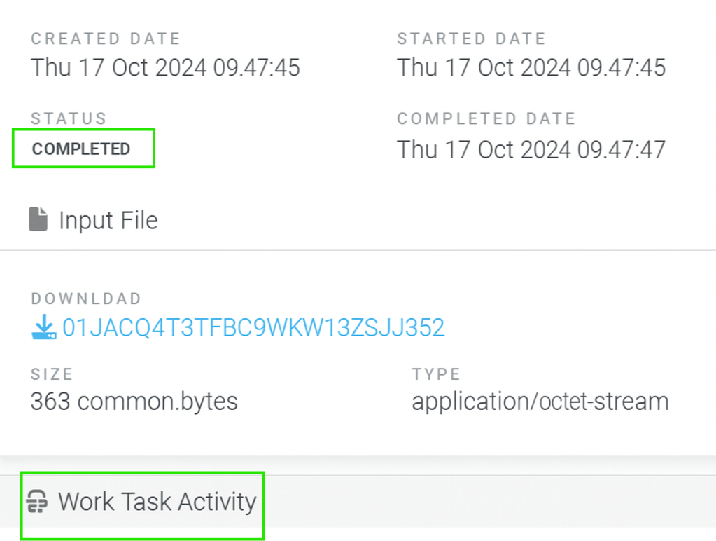 A task summary showing dates, status marked “Completed,” a file download link, and a “Work Task Activity” section.