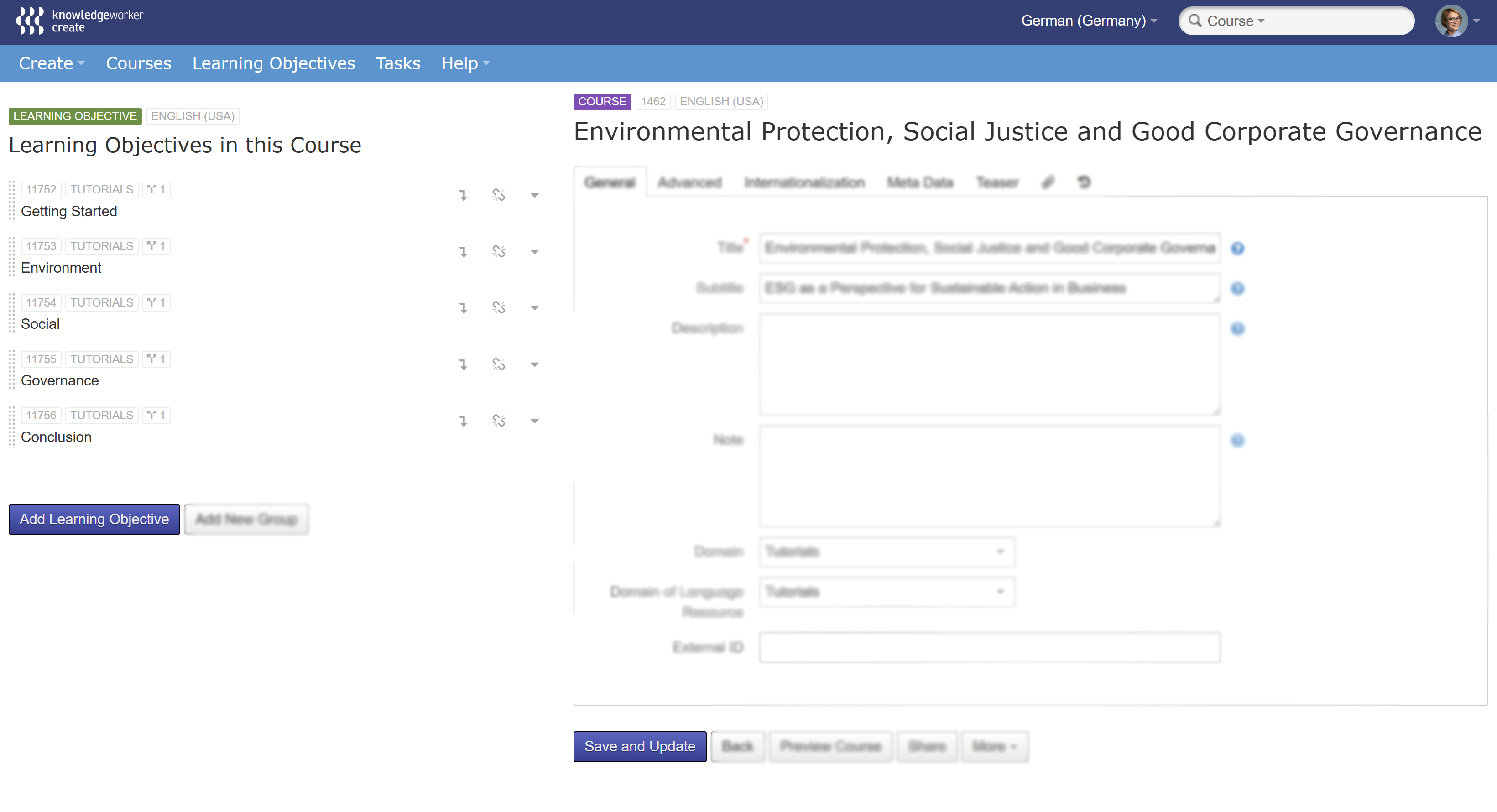 Screenshot of the course settings with the chapter structure on the left side