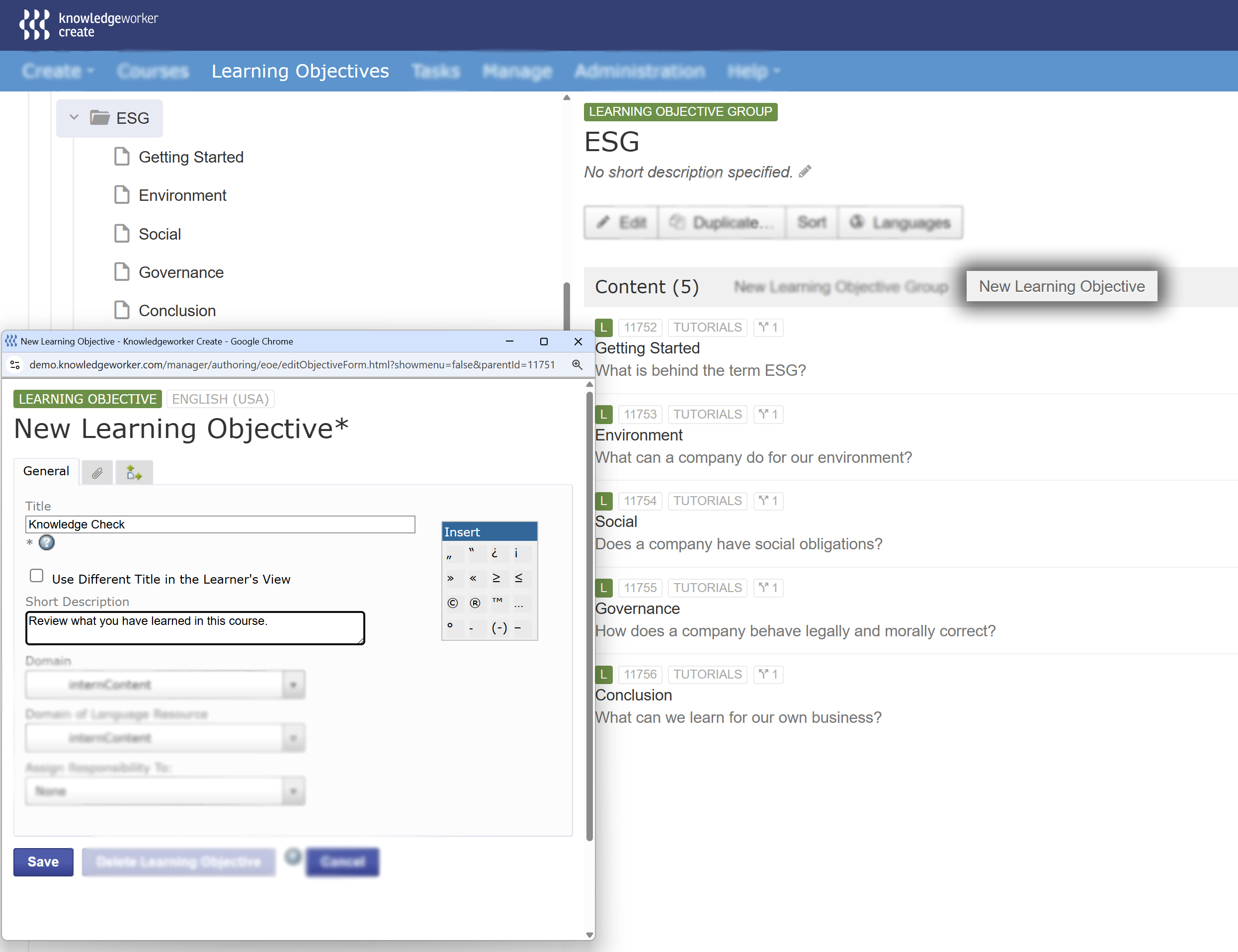 Screenshot showing learning objective directory with popup for new learning objective