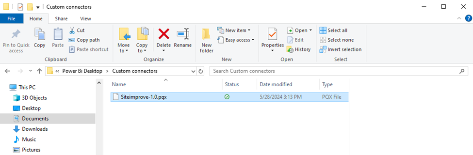 Custom connection window, with This PC > Documents  open and Siteimprove-1.1.pqx highlighted. 