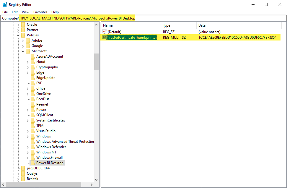 Windows Registry Editor, with the Power BI desktop folder highlighted within the Policies > Microsoft screen and “TrustedCertificateThumbprints” selected. 