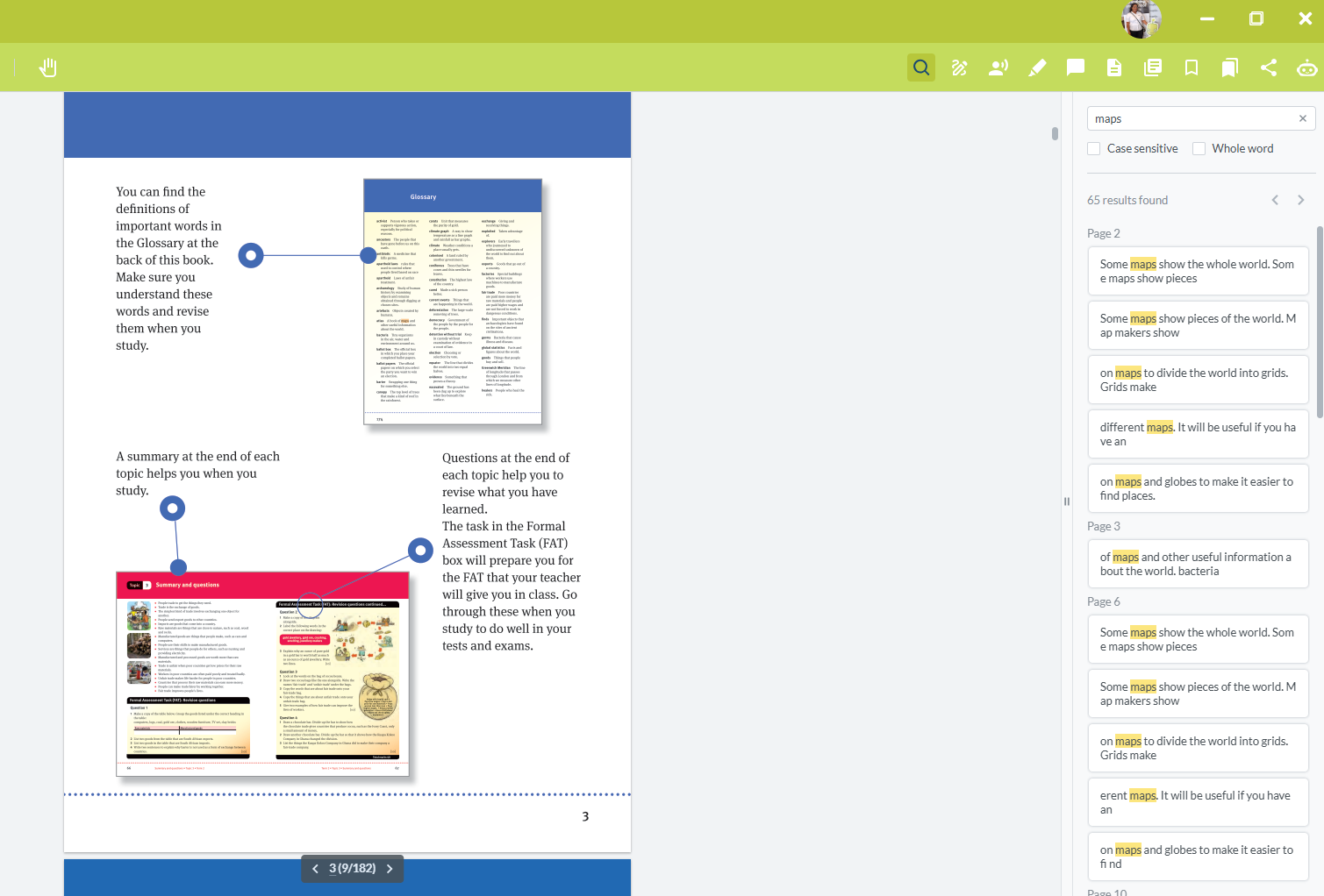 Searching for “maps” displays every occurrence of the word throughout the ebook, with highlights and page references.