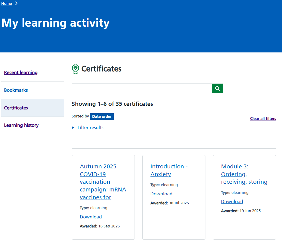 Image showing the certificates tab under my learning activity on the Learning Hub website.