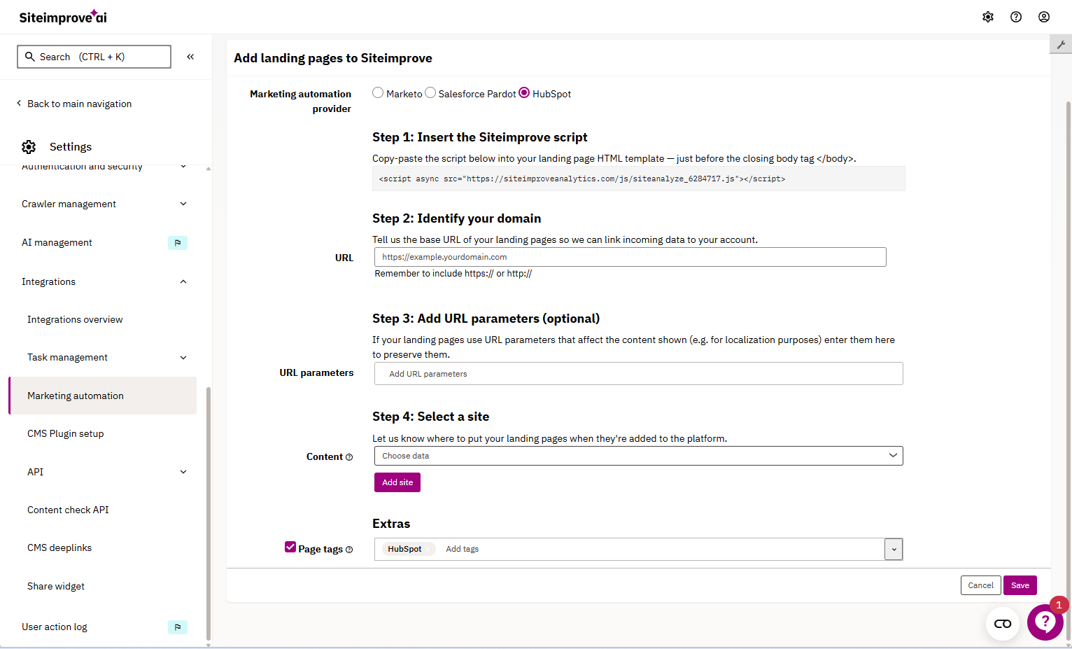 Screenshot of landing page integration configurations