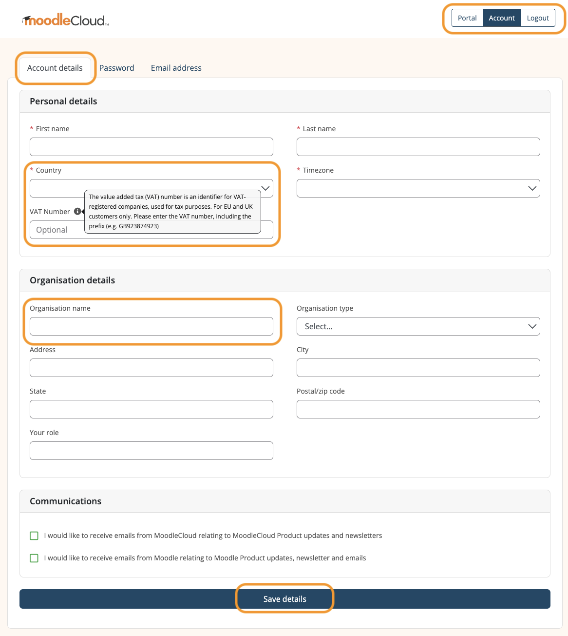MoodleCloud Portal 'Account details' tab showing the 'VAT Number' field.