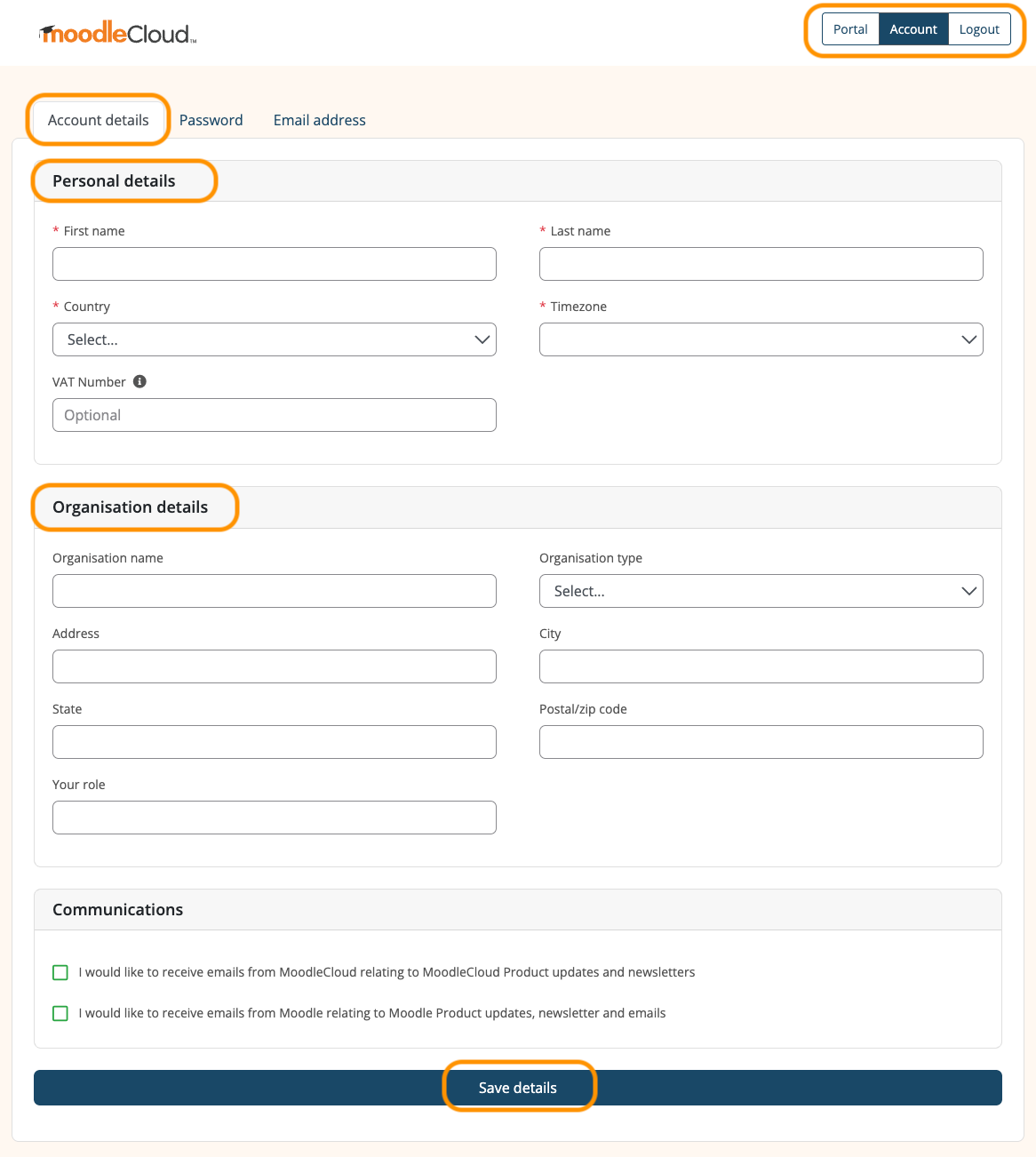 MoodleCloud Portal 'Account' section showing available fields for Account details.
