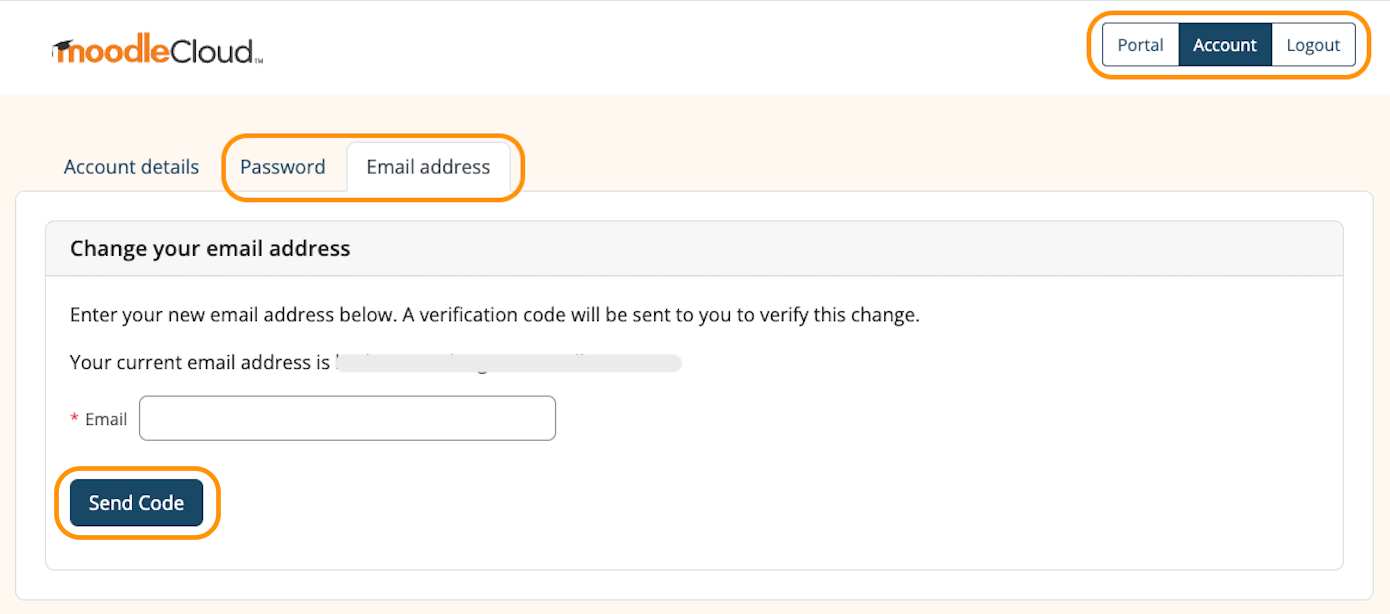 MoodleCloud Portal 'Account' section showing tabs for Email address and Password.