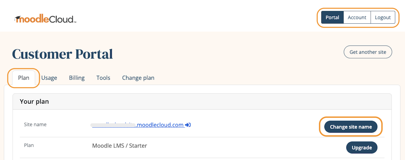 'Change site name' option in the 'Plan' tab of the MoodleCloud Portal.