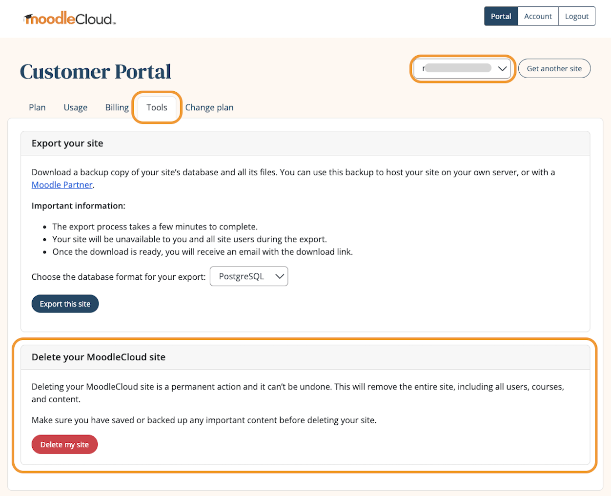 MoodleCloud Portal 'Tools' tab showing the 'Delete my site' option.