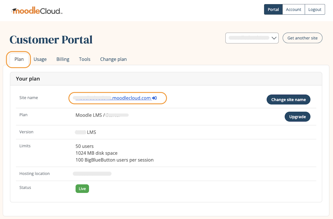 MoodleCloud Portal 'Plan' tab showing URL link to the site.