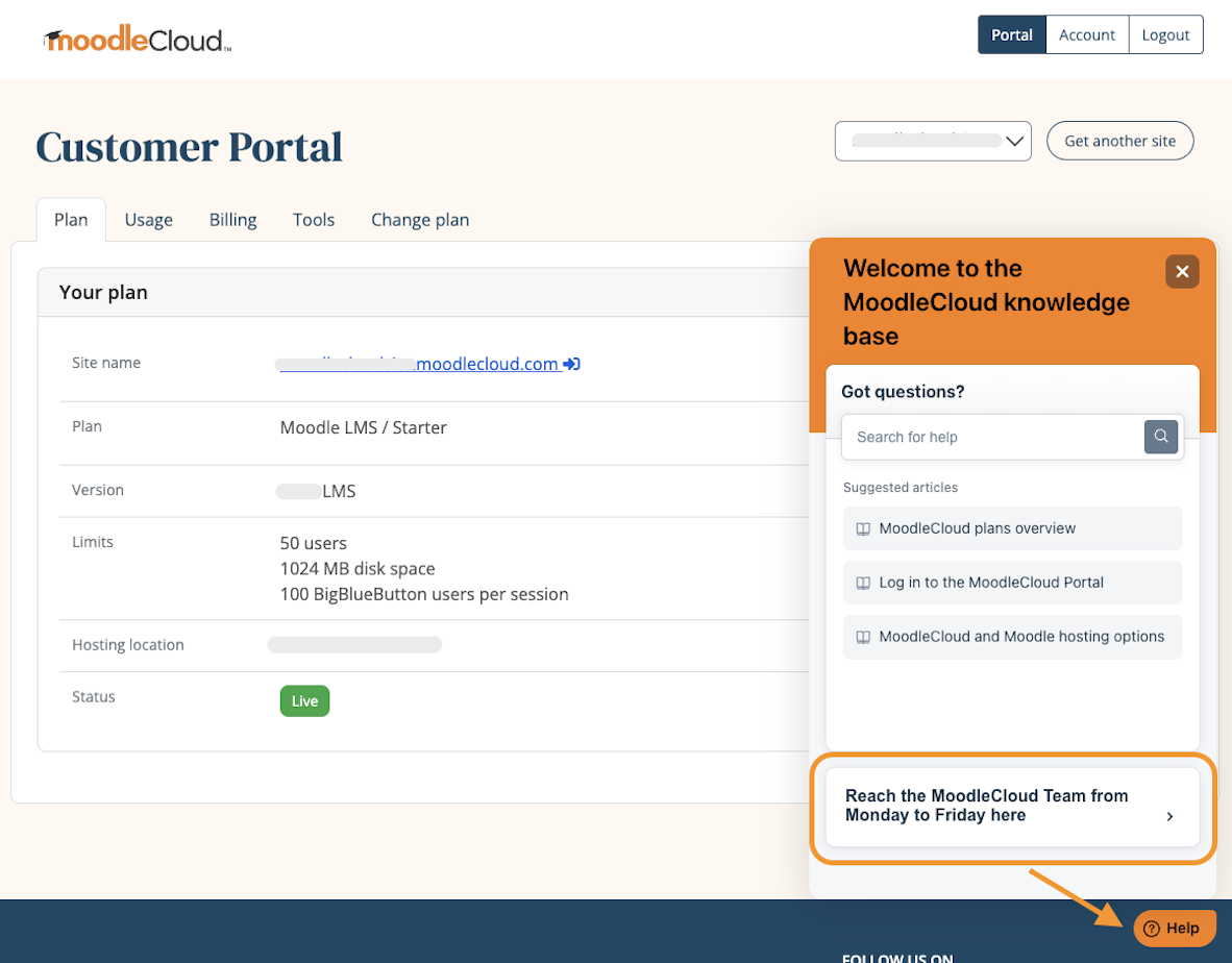 Menú del widget de ayuda en el Portal de MoodleCloud.