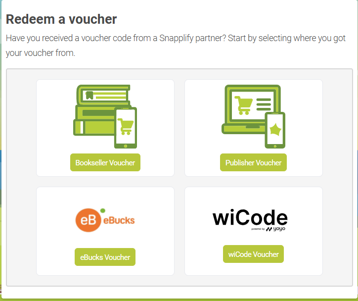 Voucher redemption options on the Snapplify platform. Four types of vouchers are displayed: Bookseller Voucher (represented by books and a mobile device), Publisher Voucher (represented by a laptop and mobile device), eBucks Voucher (with the eBucks logo), and wiCode Voucher (with the wiCode logo).