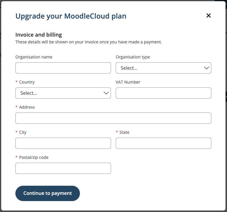 'Upgrade your MoodleCloud plan' form showing invoice and billing fields.