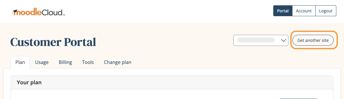MoodleCloud Portal showing'Get another site' button.