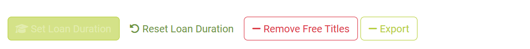 "Library management interface showing four buttons: a disabled 'Set Loan Duration' button, an active 'Reset Loan Duration' link, a red 'Remove Free Titles' button, and a yellow 'Export' button."