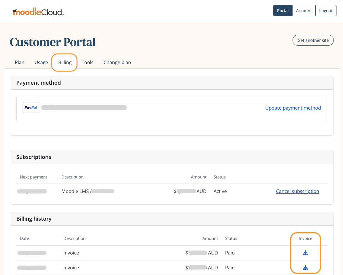 MoodleCloud Portal 'Billing' tab highlighting the link to download past invoices. 