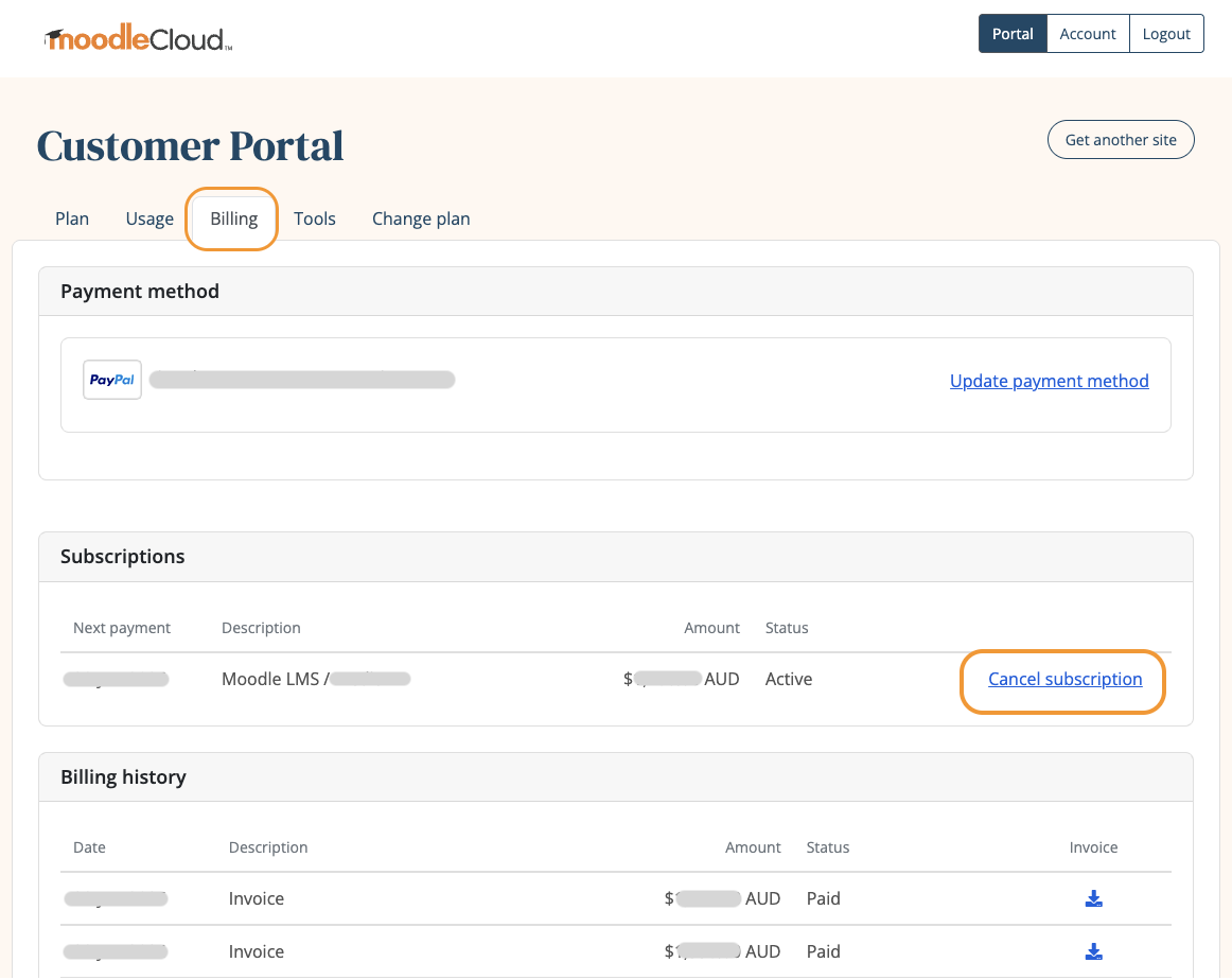 MoodleCloud Portal 'Billing' tab highlighting the link to cancel the subscription..