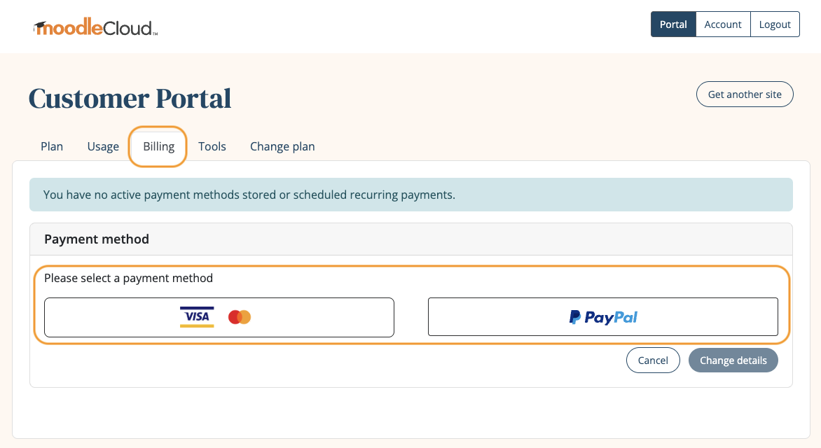 MoodleCloud Portal 'Billing' tab showing the links to the payment method options.