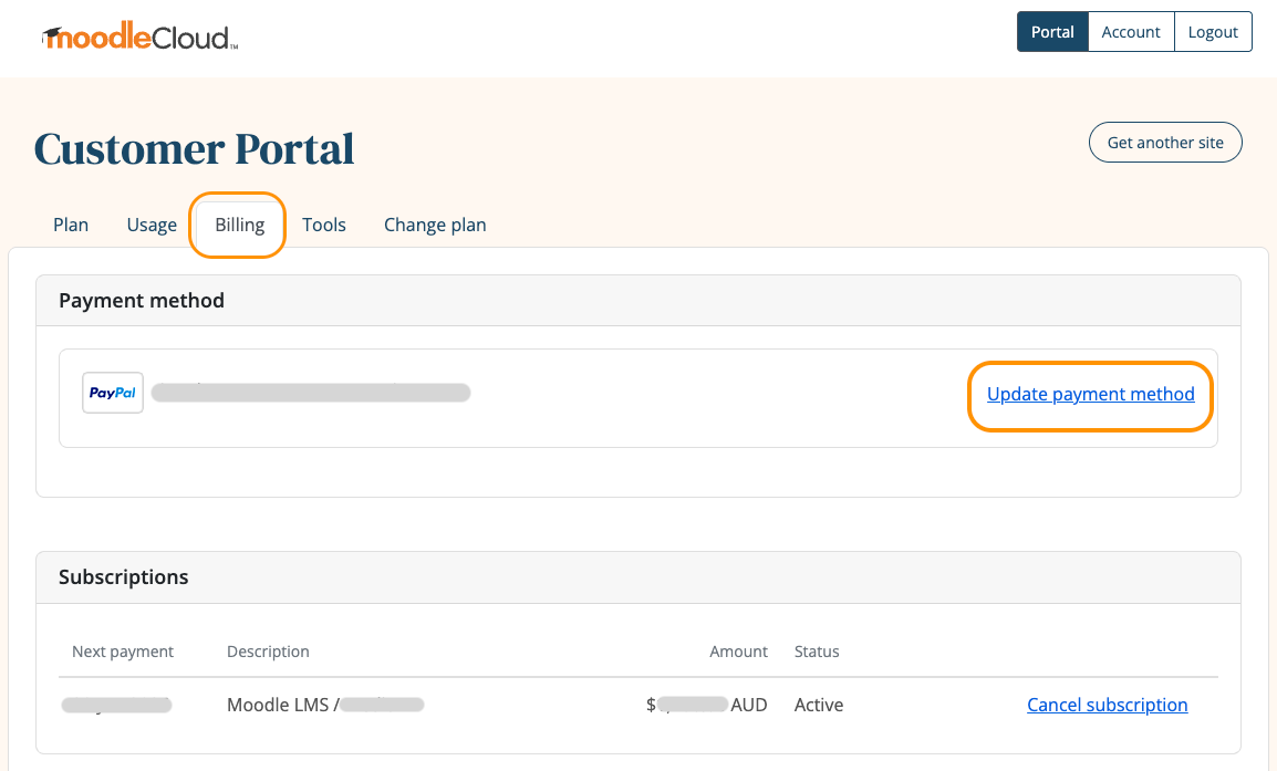 MoodleCloud Portal 'Billing' tab highlighting the link to update payment method.