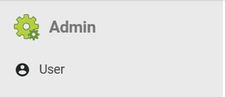 Navigation panel showing "Admin" as the main section with a green gear icon, and "User" as a subsection with a user icon.