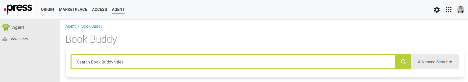 Book Buddy interface under the Agent section of the Snapplify platform, showing a search bar with the prompt “Search Book Buddy titles” and an Advanced Search dropdown.