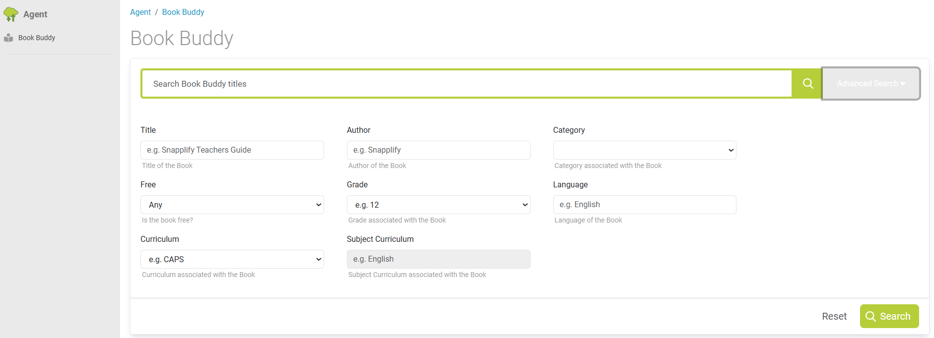 Book Buddy advanced search interface showing fields to filter by title, author, category, price, grade, language, curriculum, and subject curriculum. Includes a search bar at the top, and buttons for Reset and Search at the bottom right.